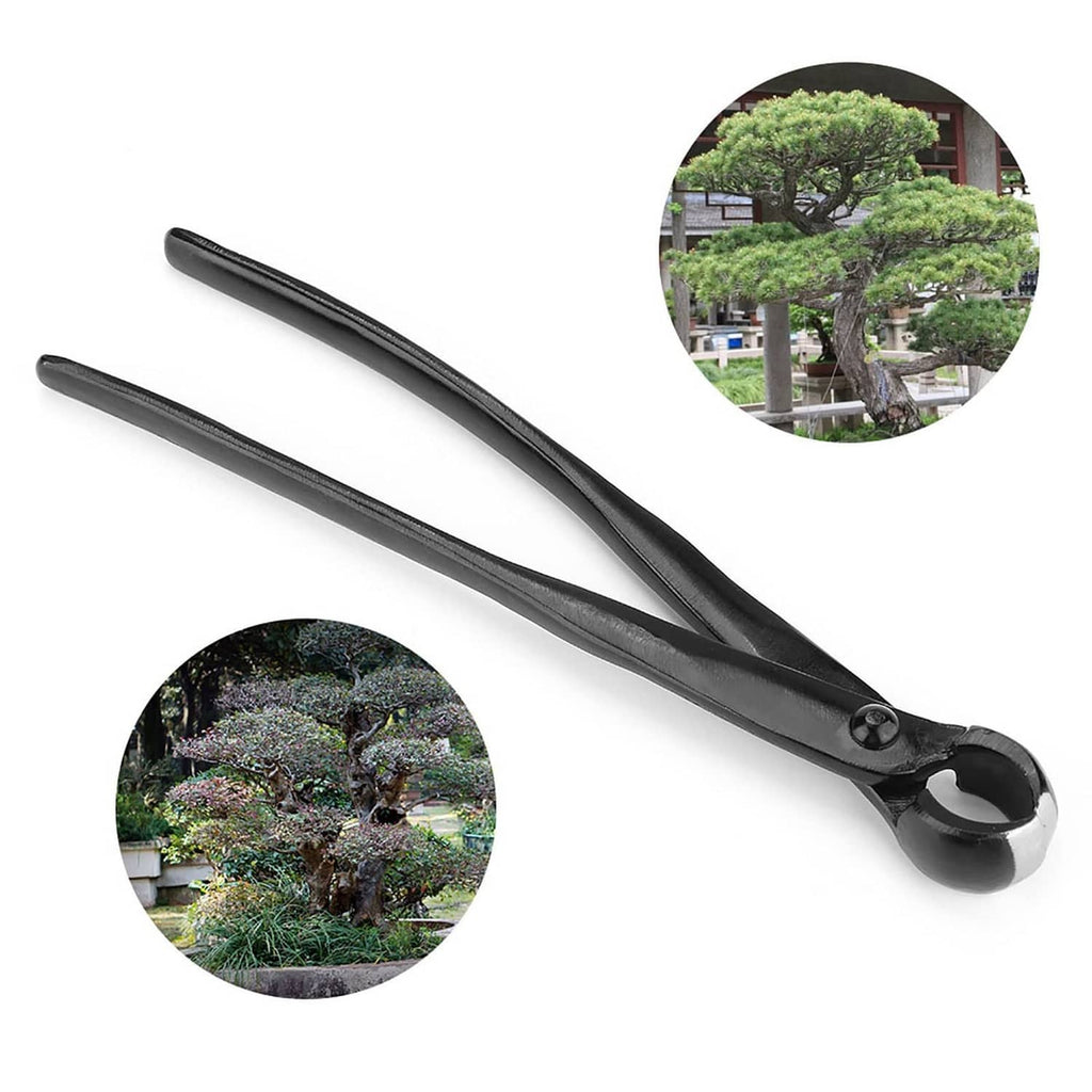 Bonsai concave cutter tool with black handles and round head, use insets shown