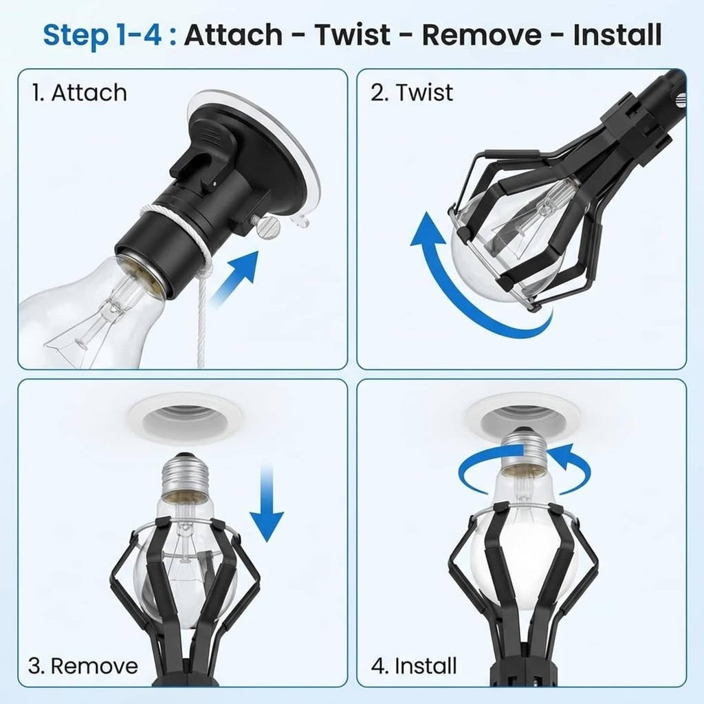 Black light bulb changer tool in attach, twist, remove, and install sequence