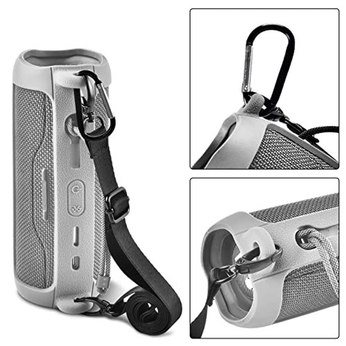 Gray silicone speaker case with strap, carabiner clip, and button cutouts