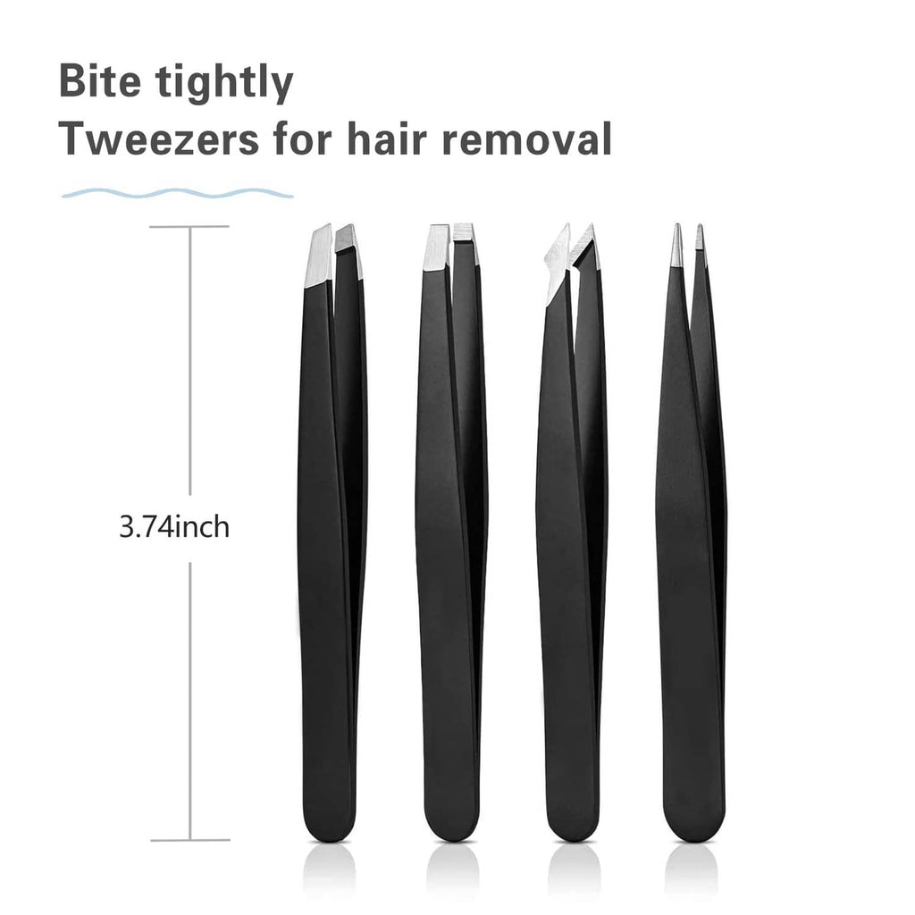 Black precision tweezer set with four pointed tips for hair removal