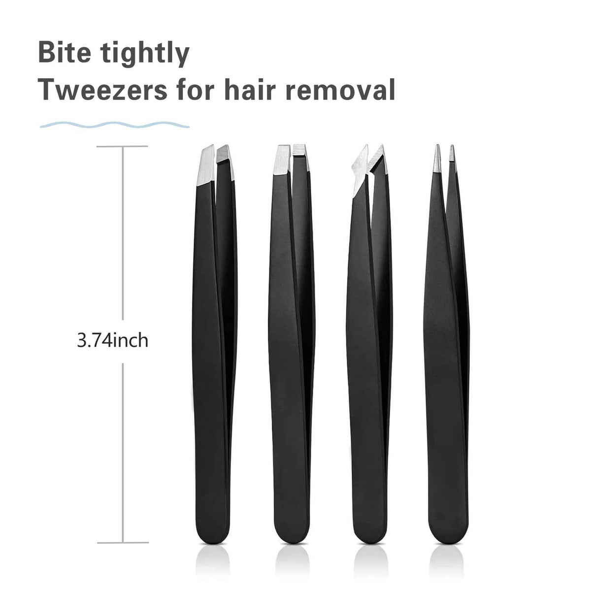 Black precision tweezer set with four pointed tips for hair removal