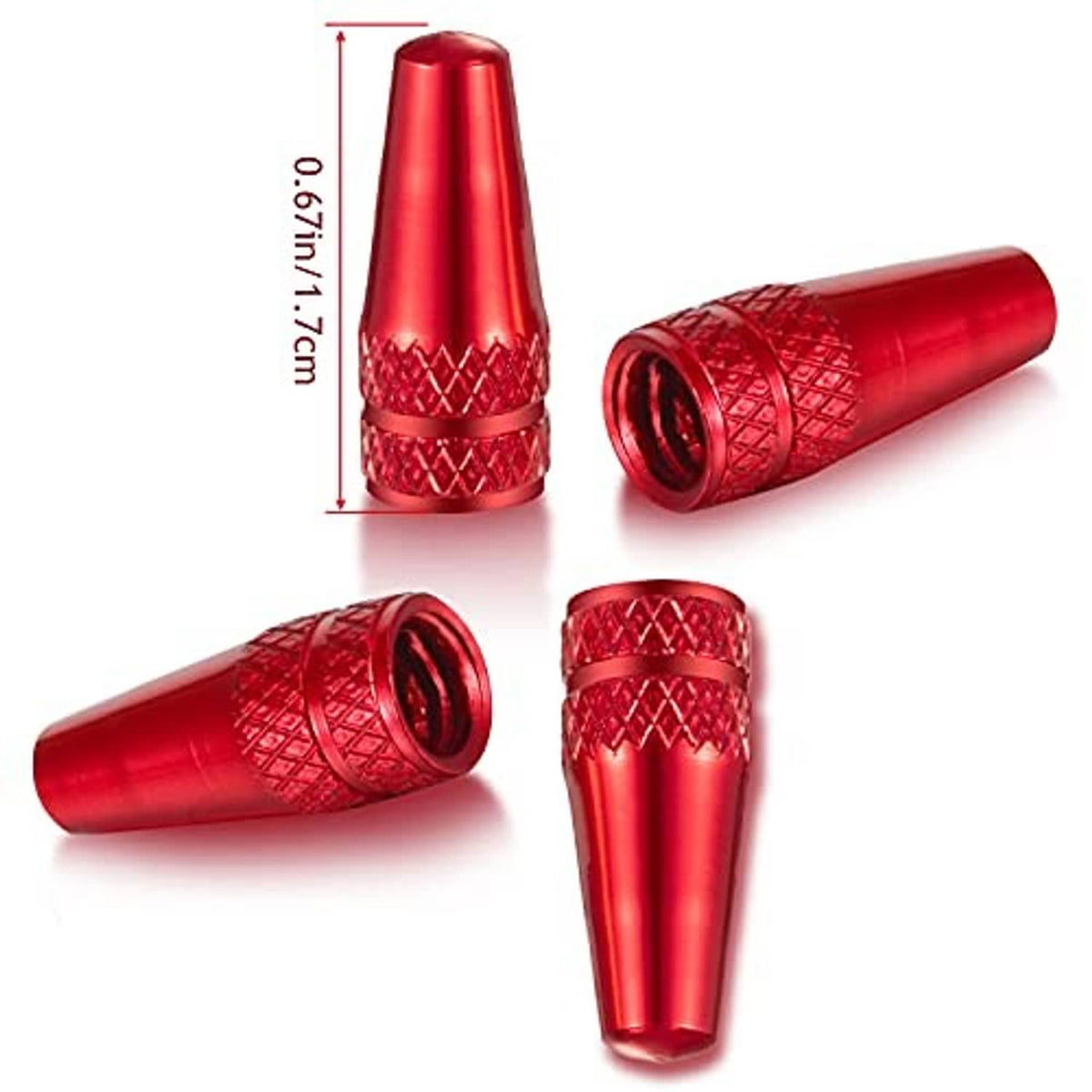 Red rocket-style Presta valve caps, anodized aluminum with diamond pattern texture