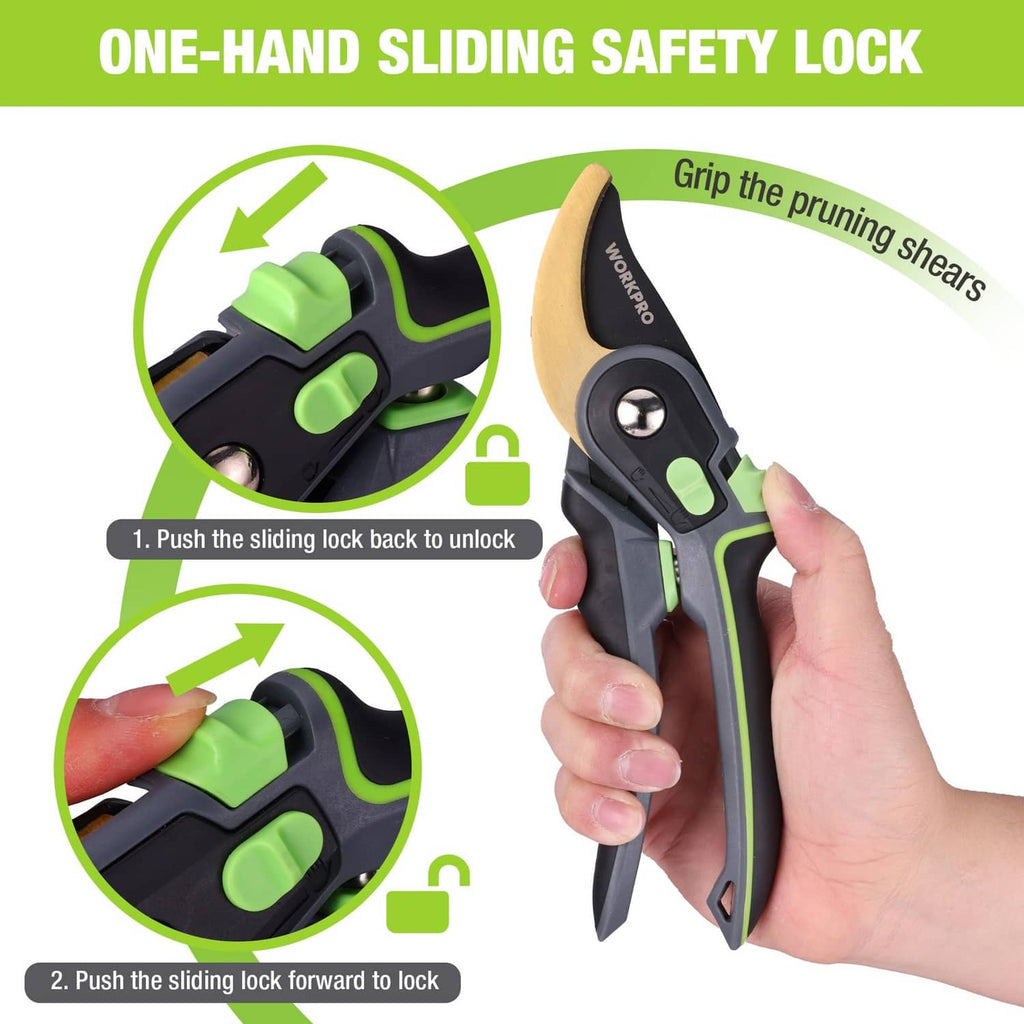 Bypass pruning shears with one-hand sliding safety lock on black-green handle