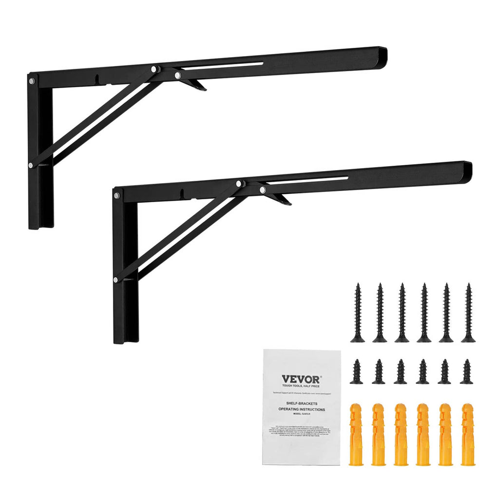 Pair of black folding shelf brackets with mounting screws and orange glue nails