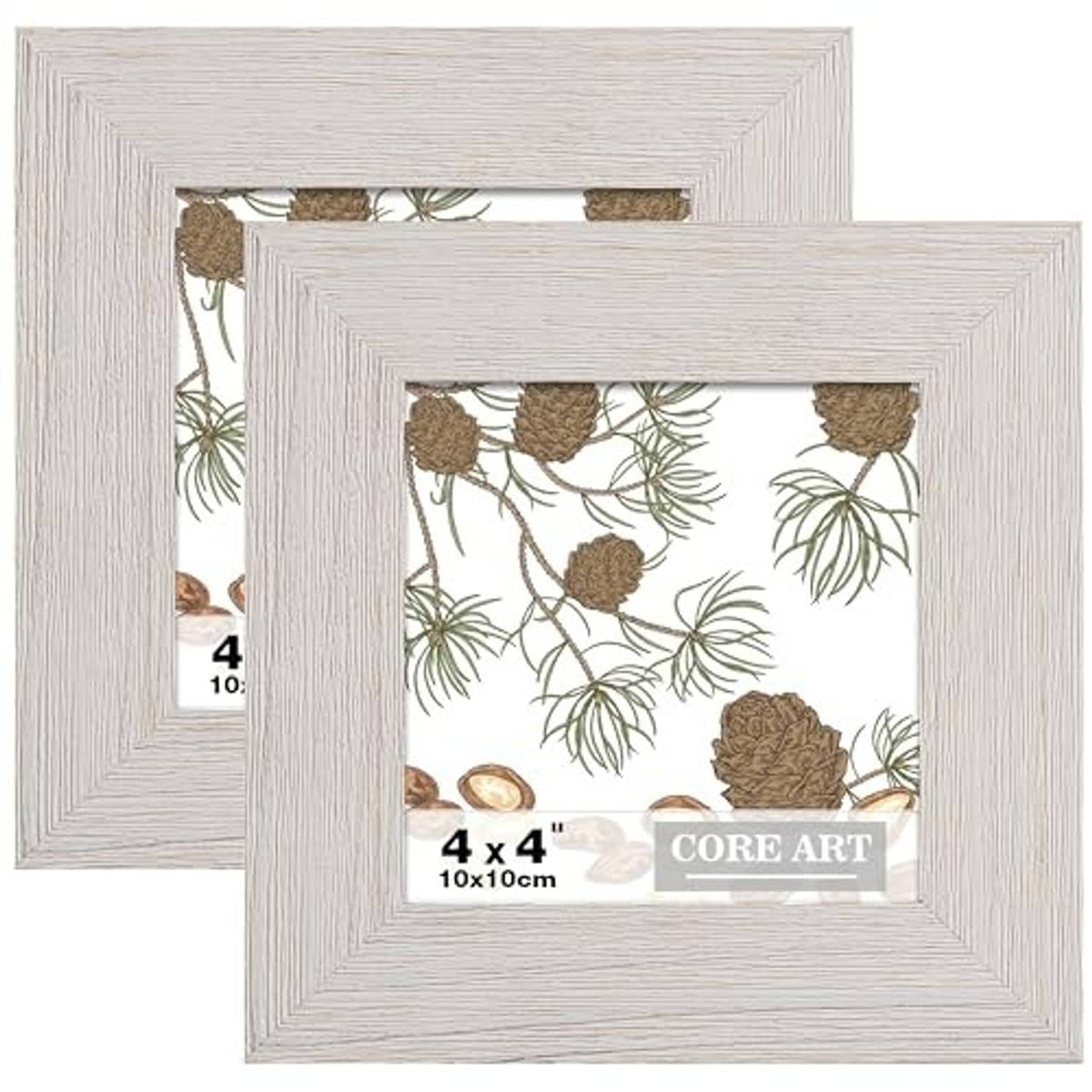 Rustic white wood 4x4 picture frame set, wide distressed border with clear glass