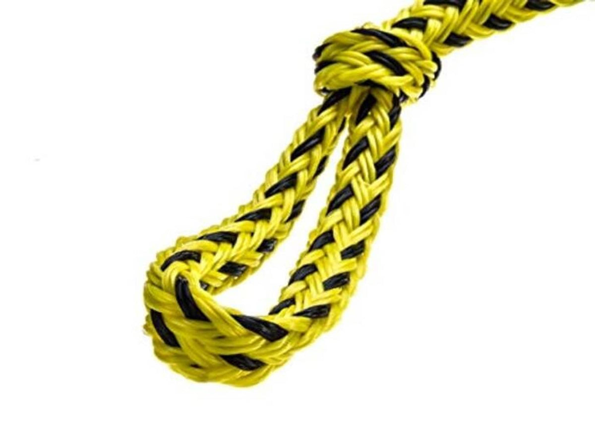 Braided yellow and black tow rope with looped, knotted end and black trim