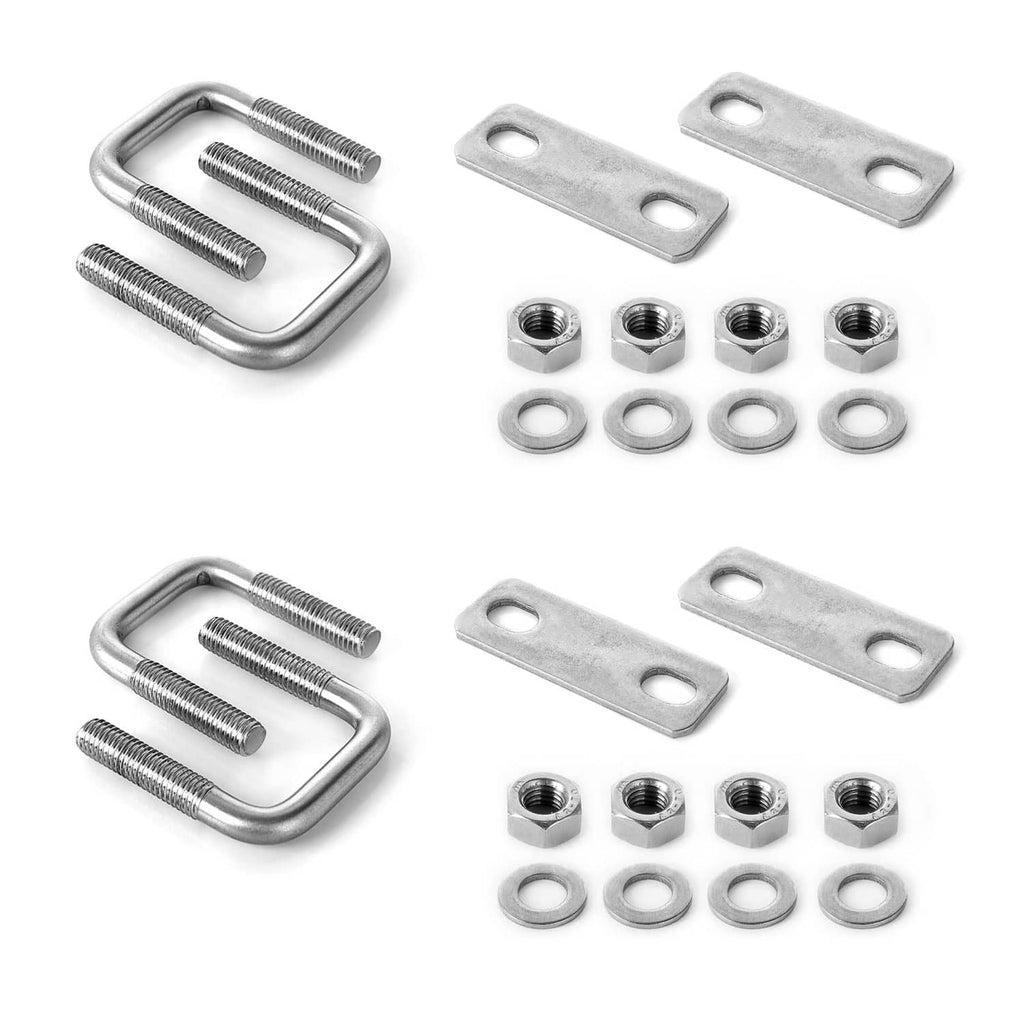 Stainless U-bolt kit with U-bolts, base plates, hex nuts, and washers