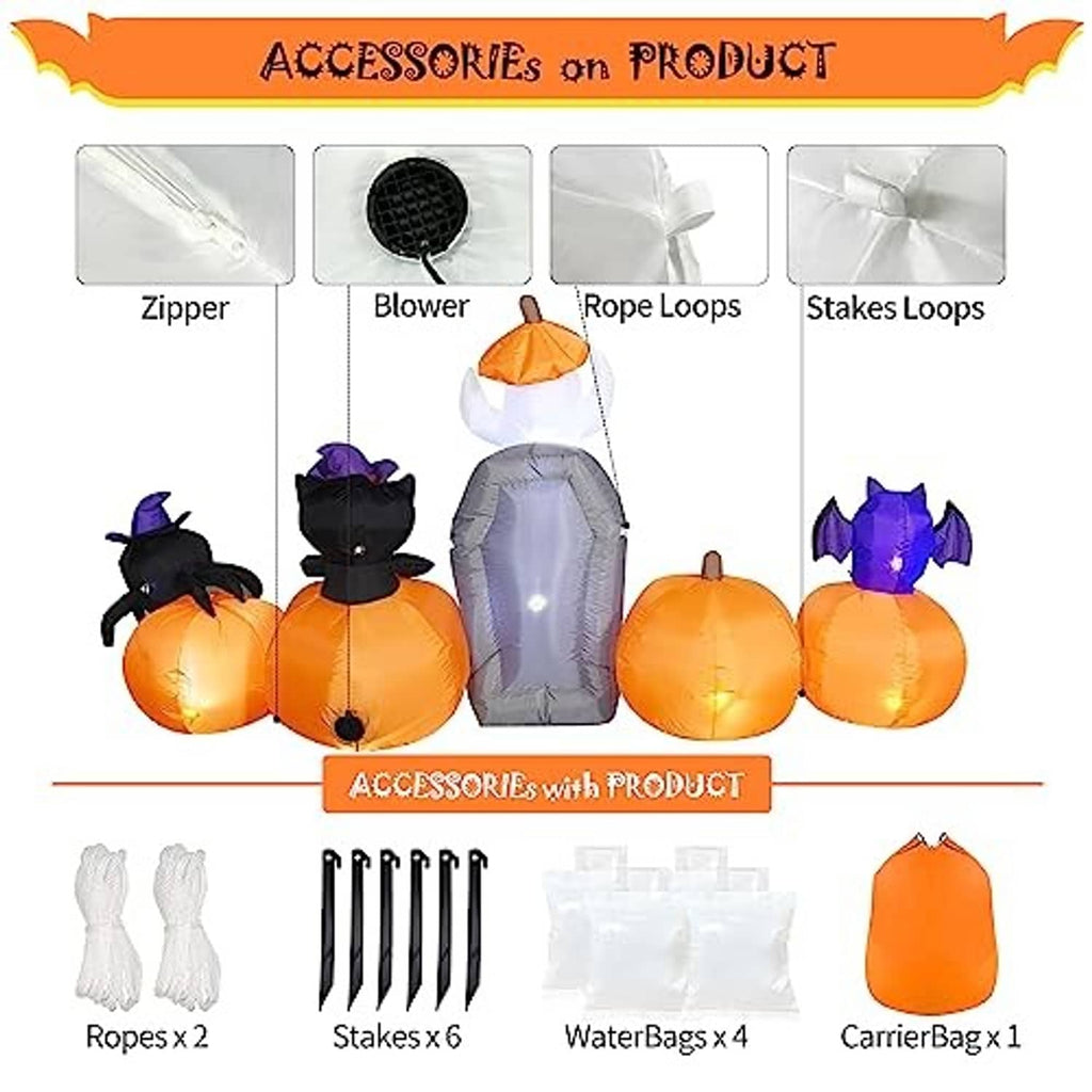 Halloween inflatable accessories list: zipper, blower, rope loops, and stakes loops with ropes
