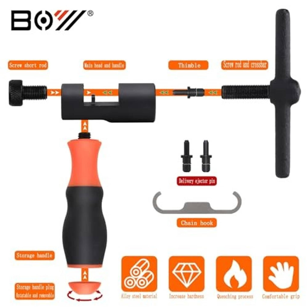 Bike chain breaker tool with orange-and-black grip, storage handle, and chain hook.