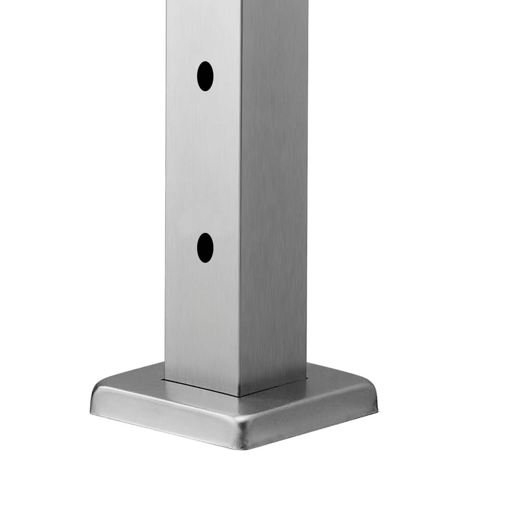 Cable railing post base with brushed silver finish and pre-drilled holes