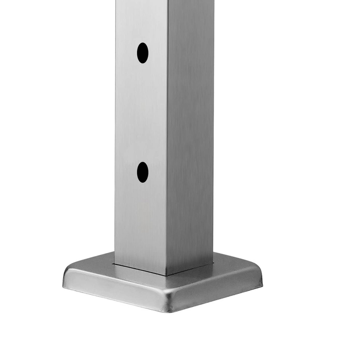 Cable railing post base with brushed silver finish and pre-drilled holes