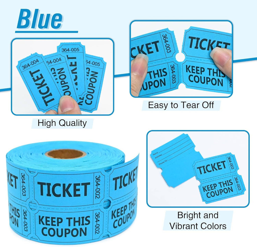 Blue raffle ticket roll with tear-off coupon design and small ticket sample strips shown