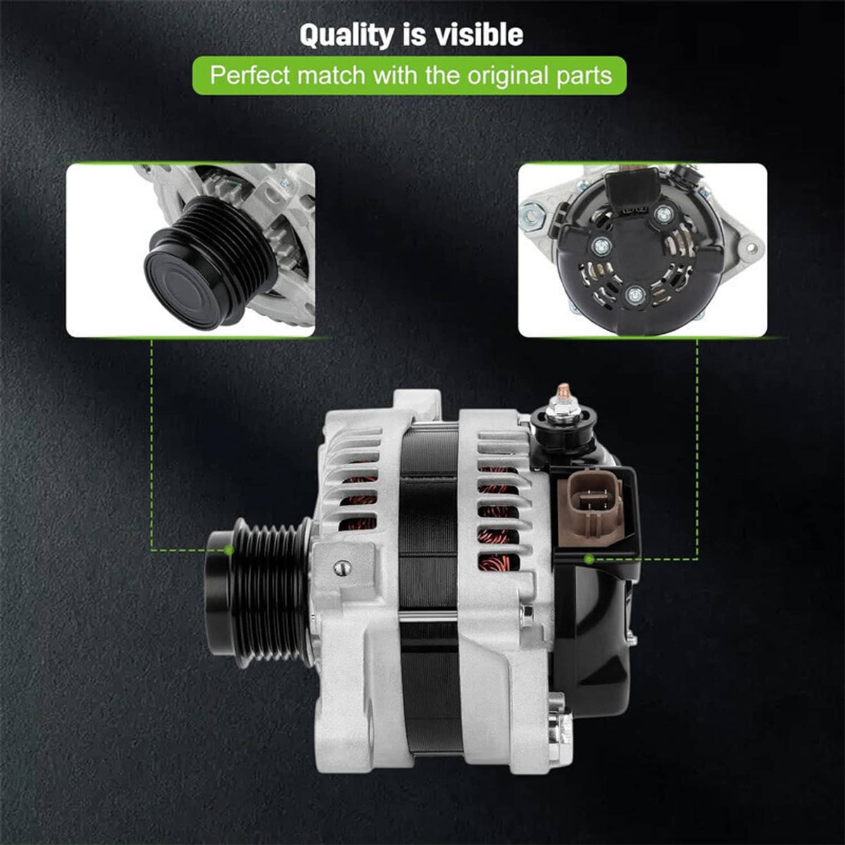 Automotive alternator with ribbed pulley and front vented face; side connector visible
