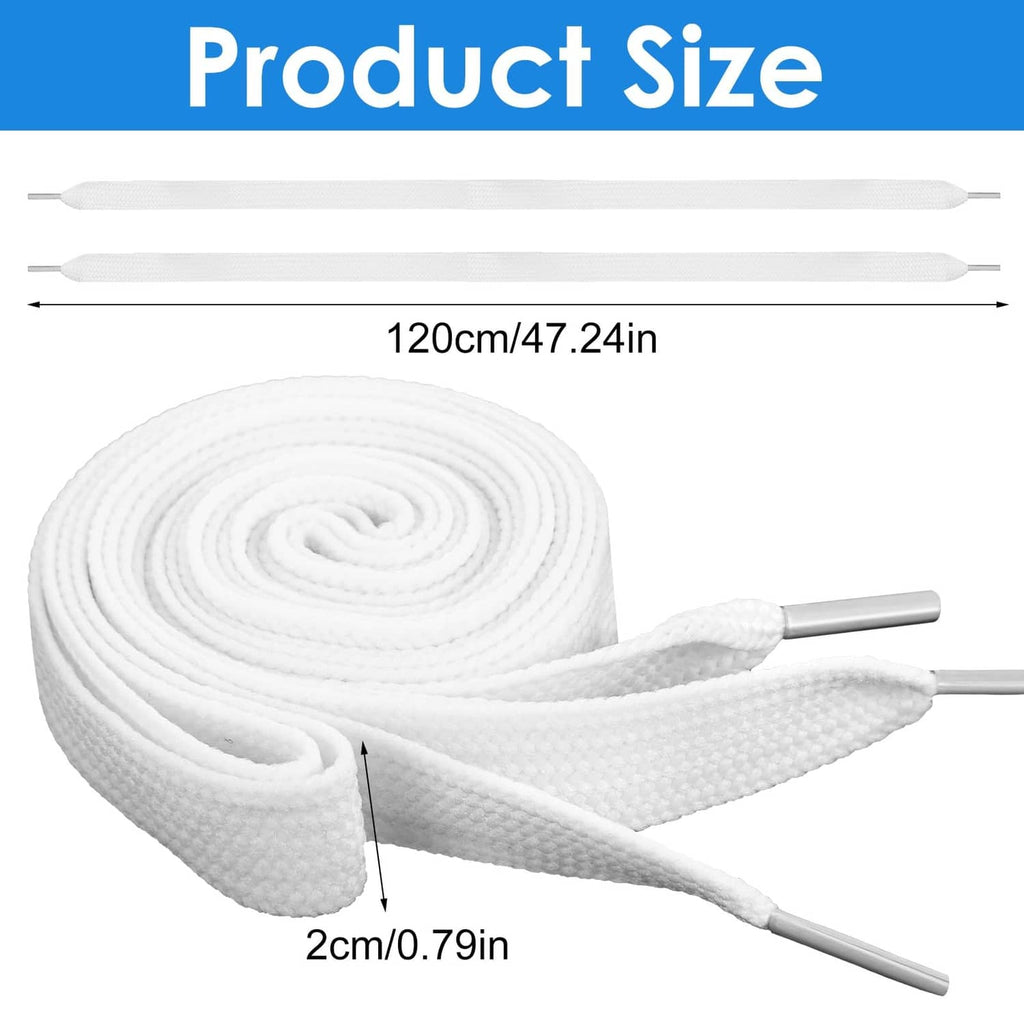 White shoe laces, 120cm long and 2cm wide, rolled pair with tips