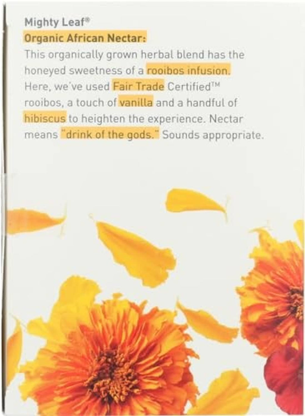 Organic rooibos herbal tea box back panel with text and orange flower illustrations