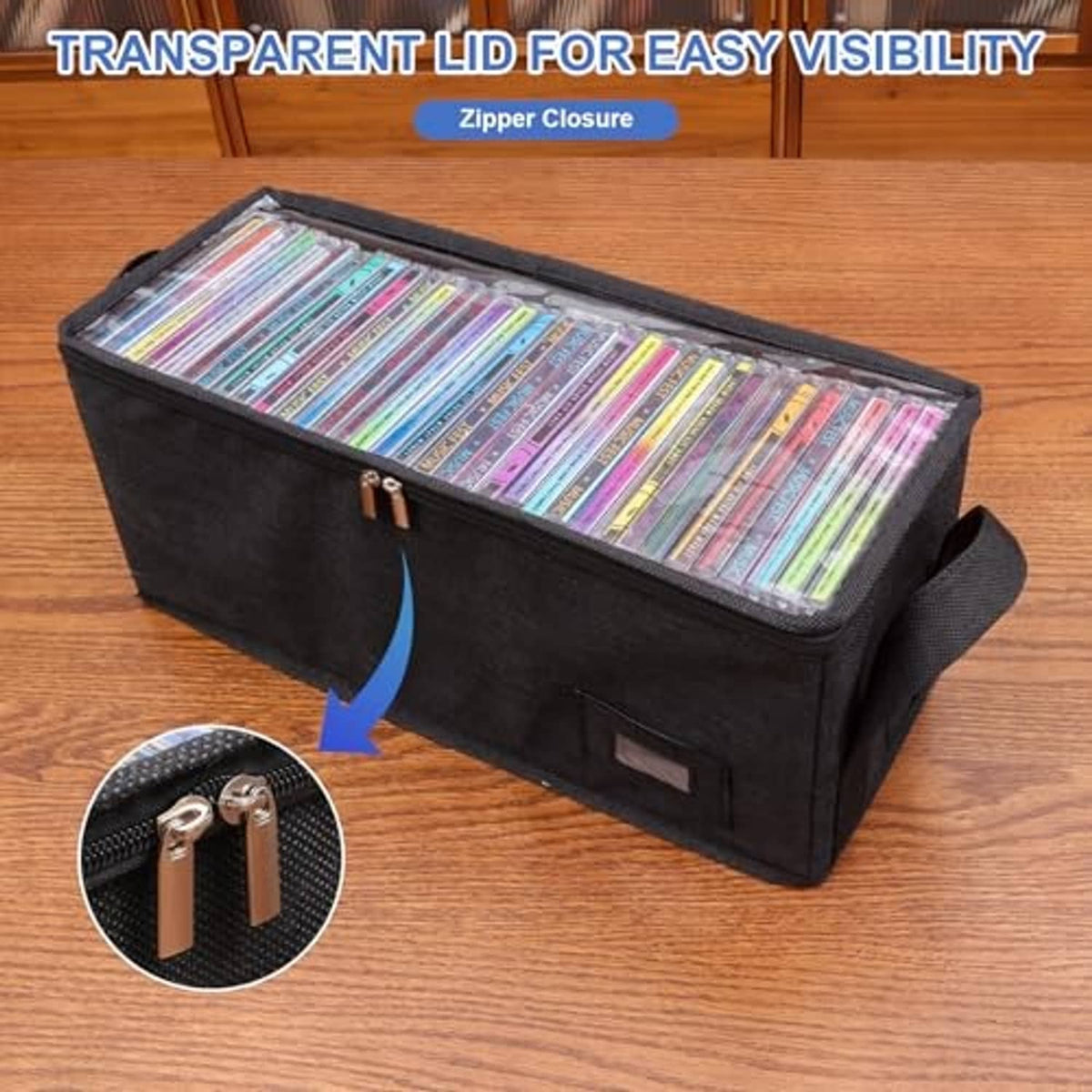 Black CD storage box with zipper and transparent lid displaying stacked CD jewel cases