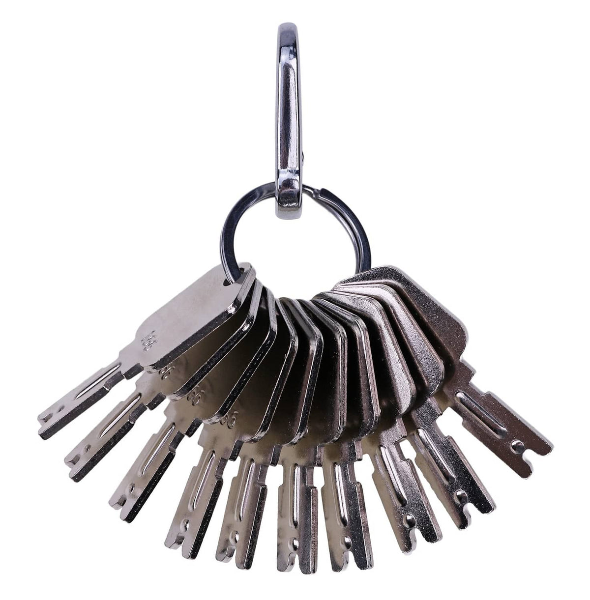 Silver forklift key set fanned out from a top loop ring, multiple key blades