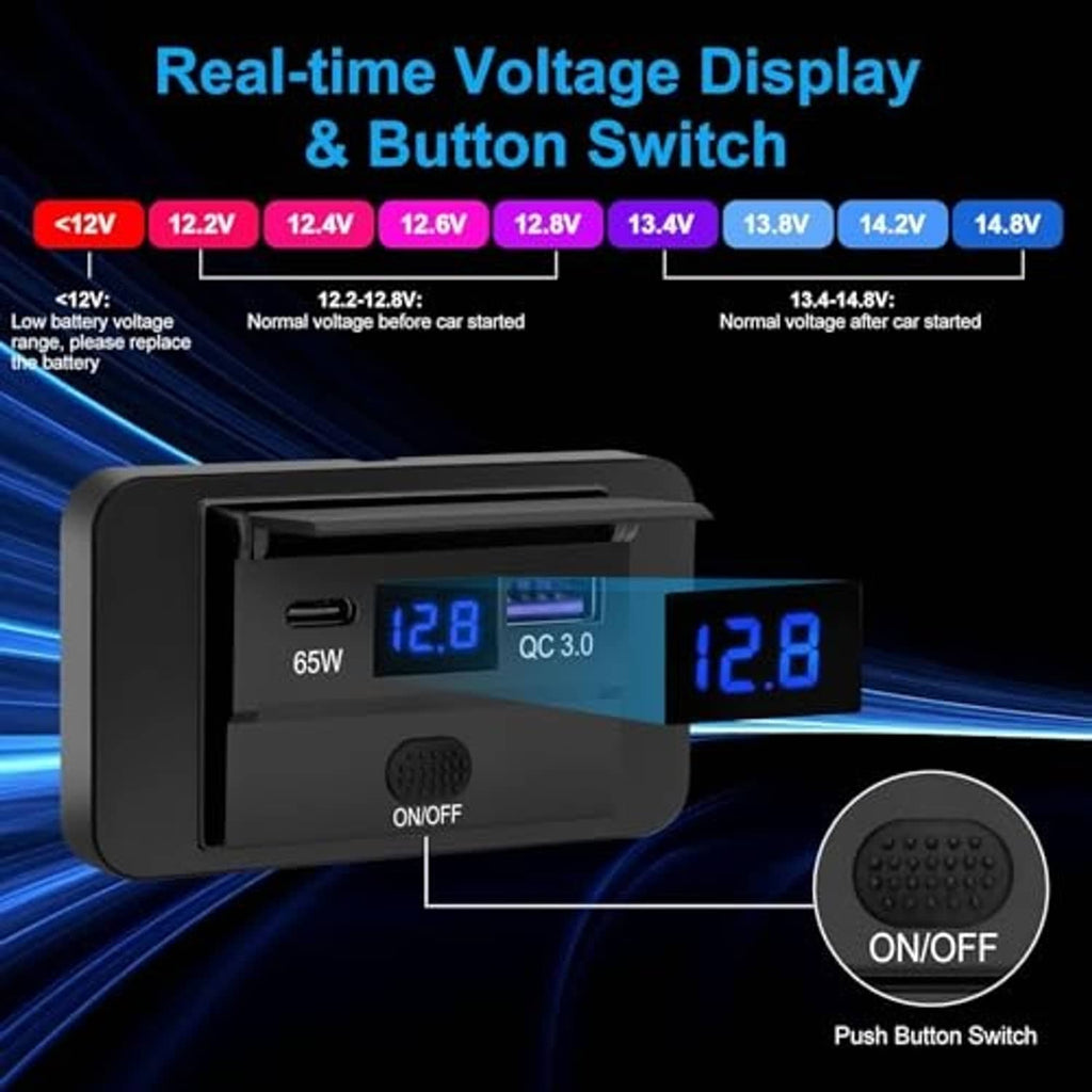 Black car USB outlet with real-time voltage LED display and side button ON/OFF switch