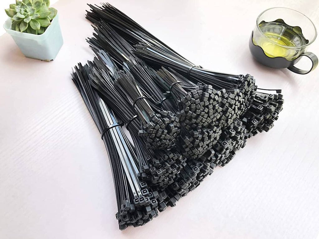 Assorted black cable zip ties bundled together with locking heads