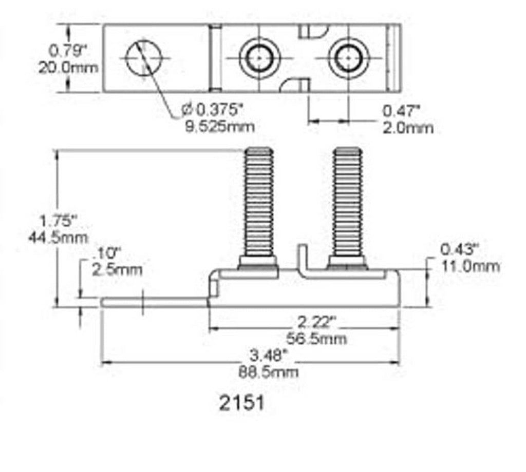 Dual MRBF terminal fuse block dimension diagram with mounting and terminal hole measurements