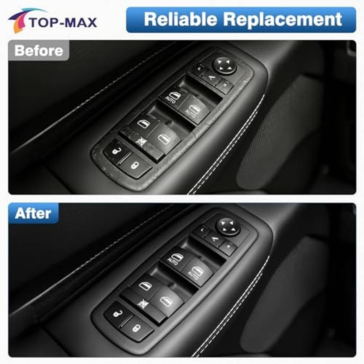 Black power window switch panel in car door trim, shown before and after installation