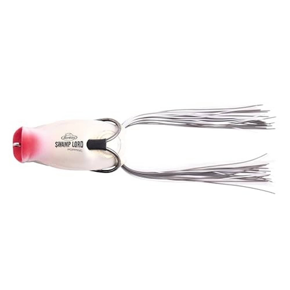 Frog popper lure, white body with red head and gray skirt with twin hooks