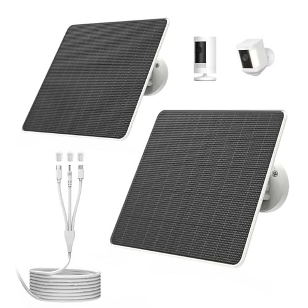Solar panel kit with two dark gray solar panels, wall mounts, and USB cable set