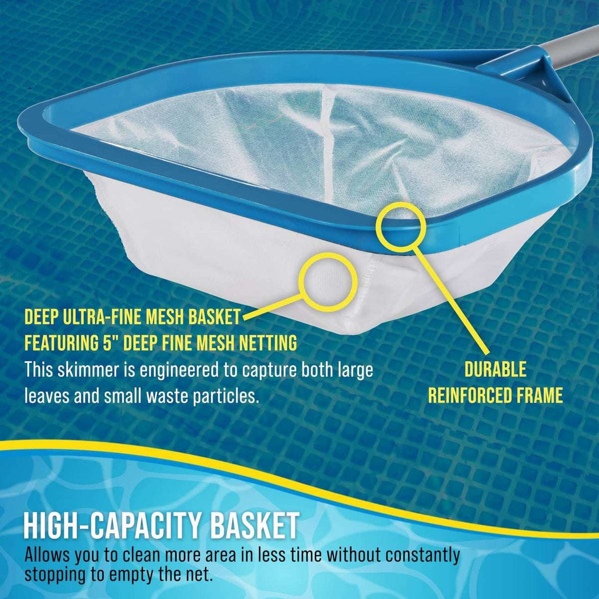 Teal pool skimmer basket with ultra-fine white mesh bag and reinforced rim.