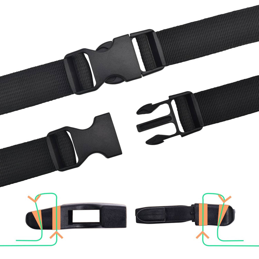 Black PP webbing straps with dual adjustable side-release buckles, close-up