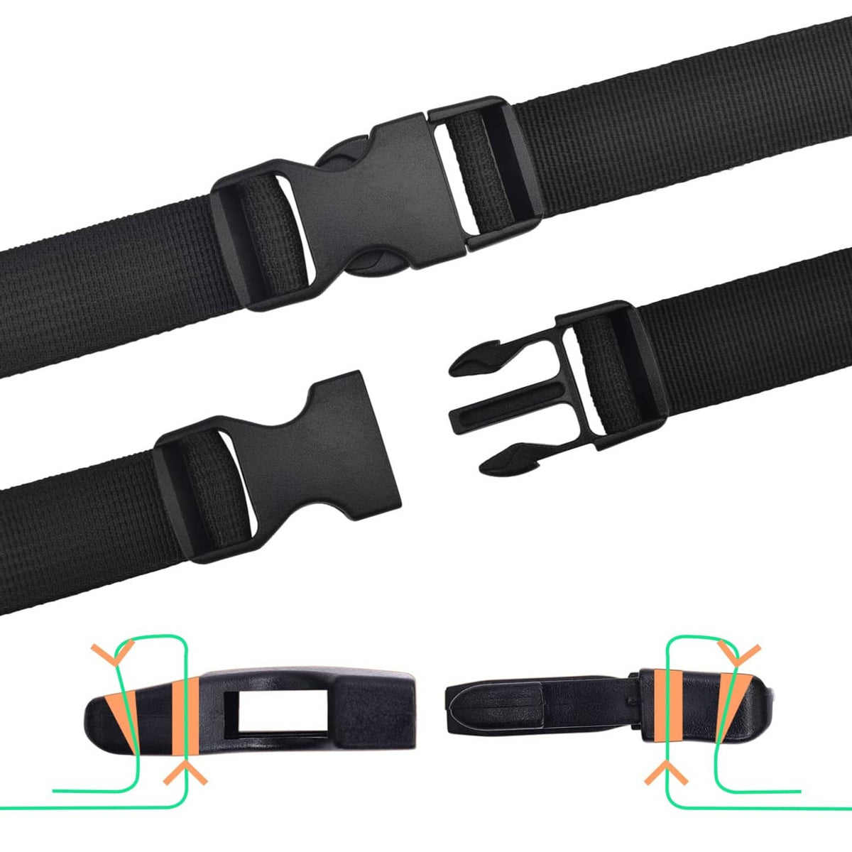 Black PP webbing straps with dual adjustable side-release buckles, close-up