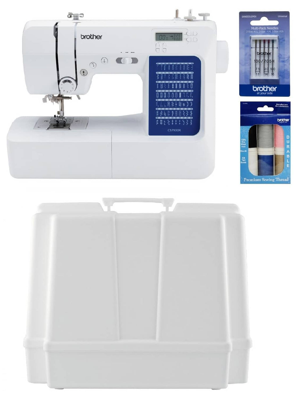 Brother computerized sewing machine with included bobbin case and thread packaging