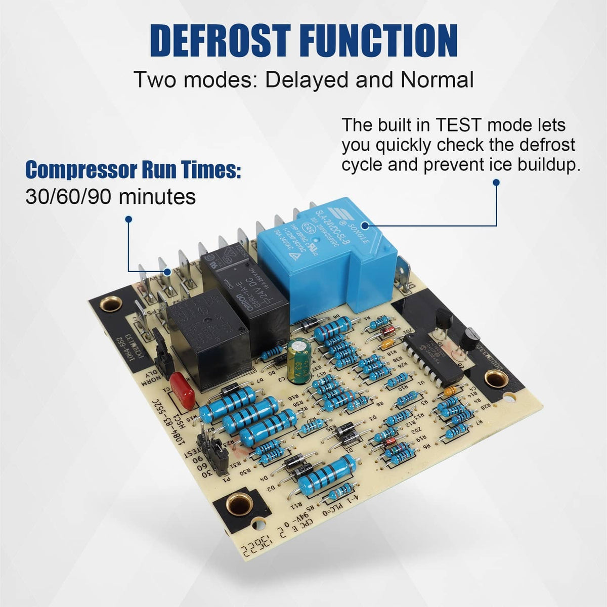 Defrost control board with blue relay and component layout for delayed/normal defrost