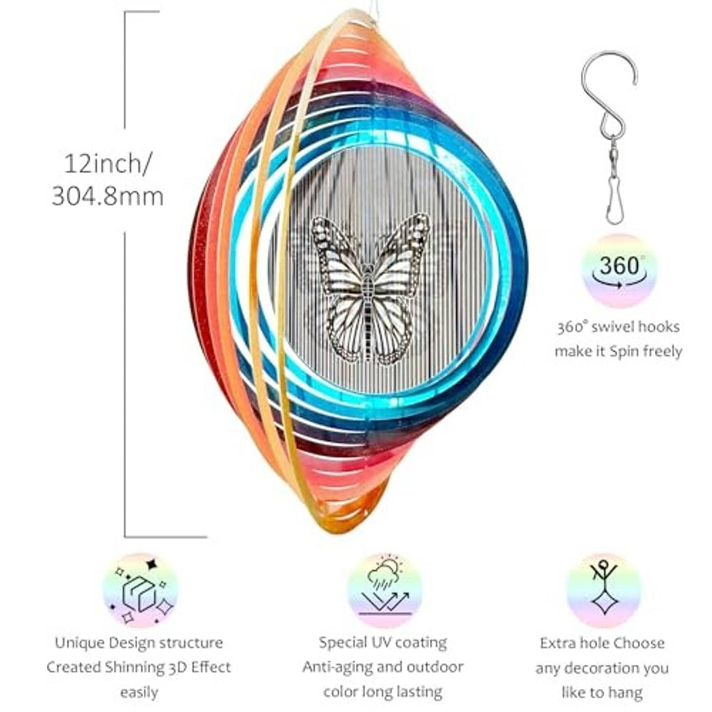 Rainbow teardrop wind spinner with butterfly medallion and 360-degree swivel hanging hooks