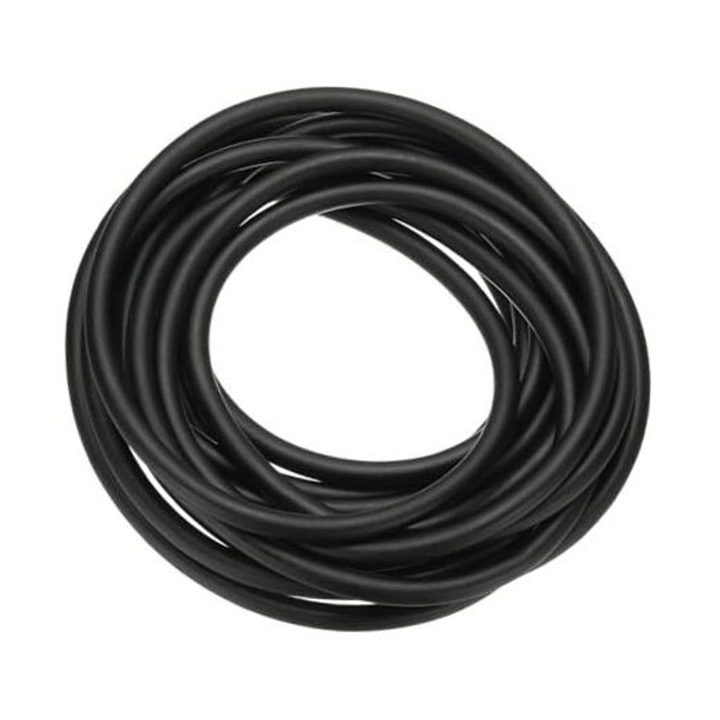 Black rubber tubing coil, neatly looped with smooth round profile
