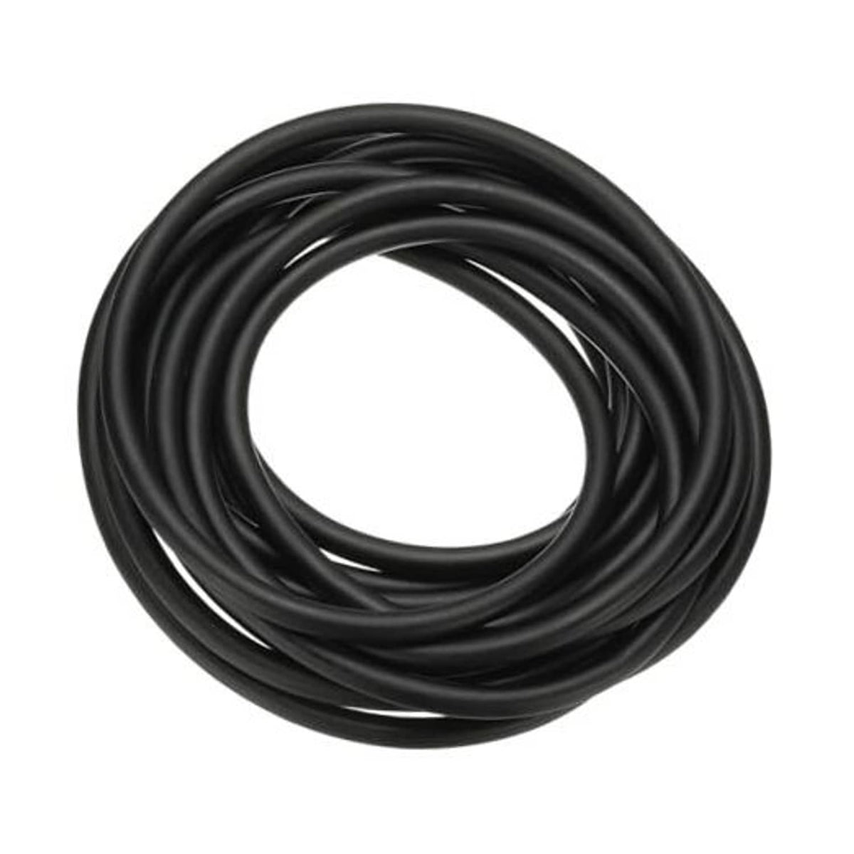 Black rubber tubing coil, neatly looped with smooth round profile