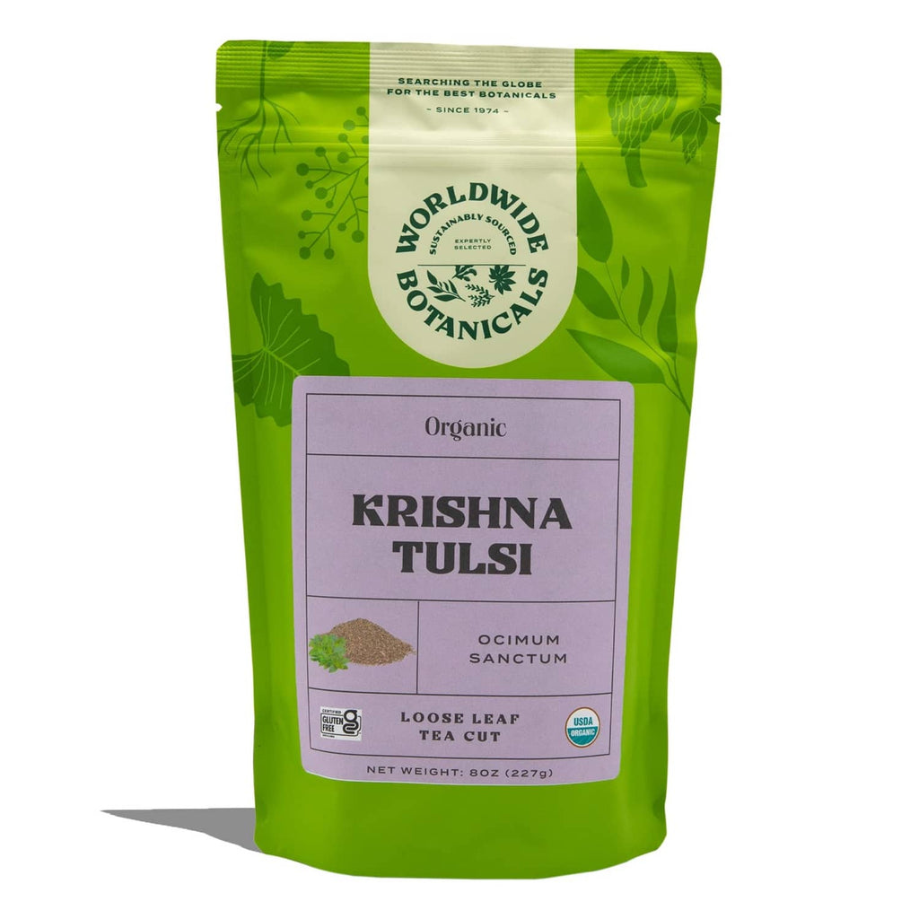 Organic Krishna Tulsi loose leaf tea in a green pouch with product label