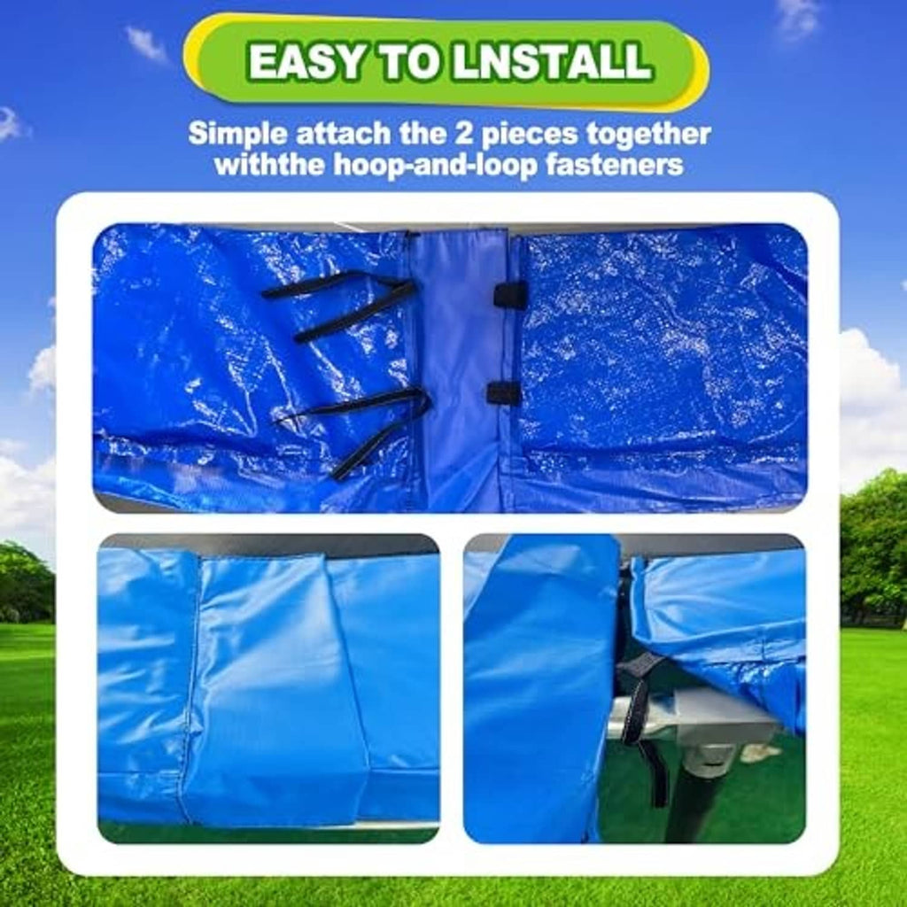 Two-piece blue trampoline replacement pad panels with black hook-and-loop fasteners