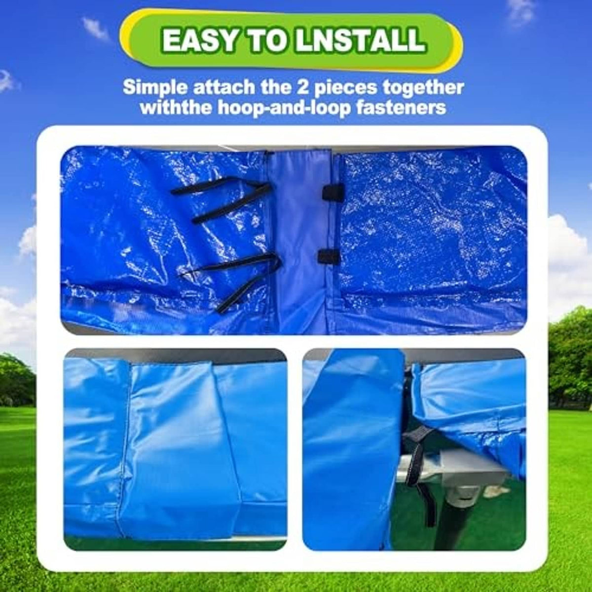 Two-piece blue trampoline replacement pad panels with black hook-and-loop fasteners
