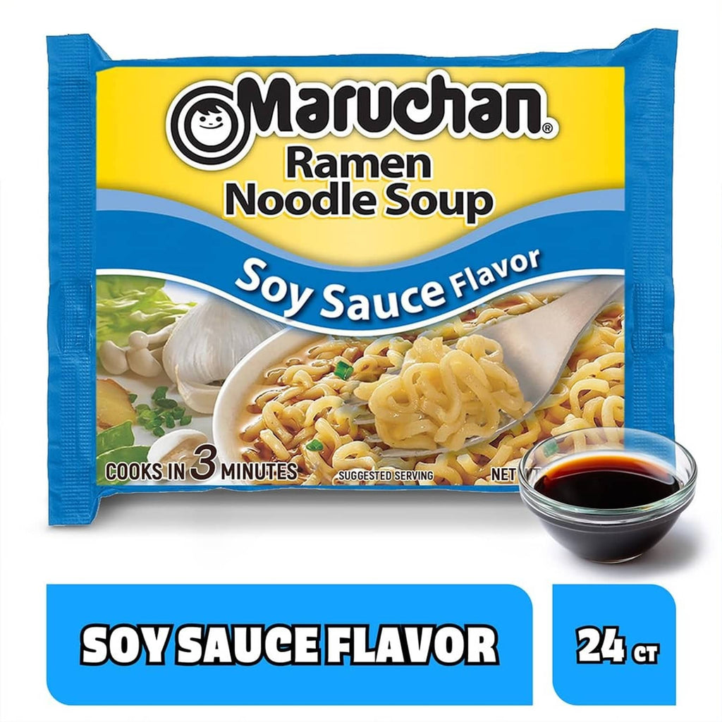 Maruchan ramen noodle soup soy sauce flavor noodle soup packet with bowl and sauce