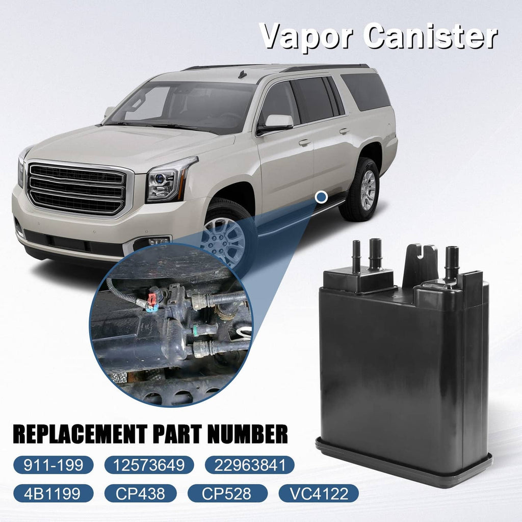 Black vapor canister with multiple hose connection ports on molded plastic housing.