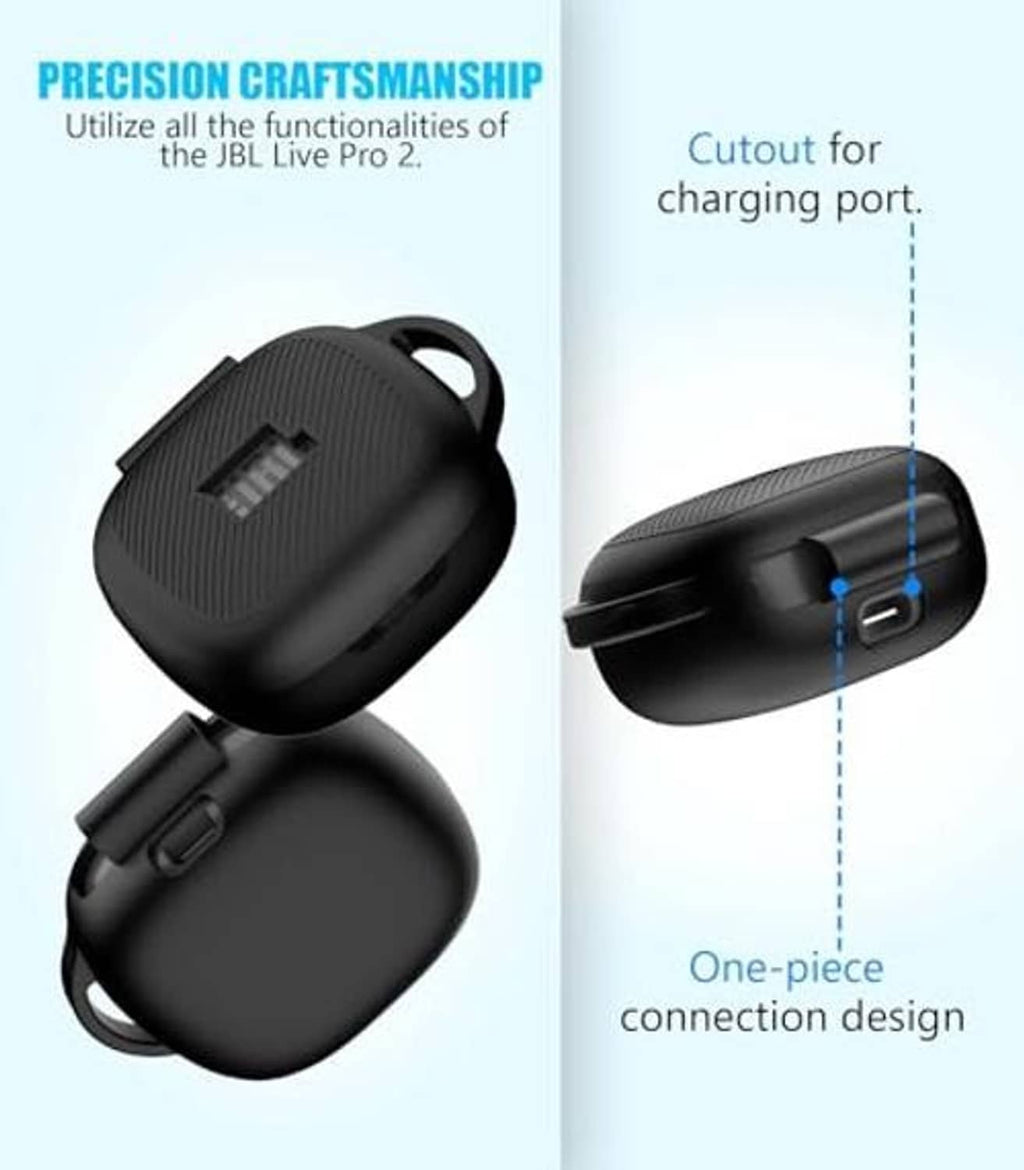 Black JBL Live Pro 2 case cover with carabiner clip; one-piece connection design.