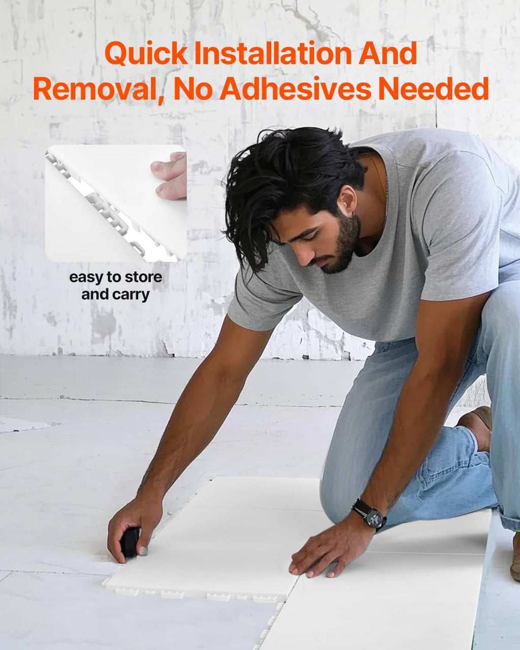 White interlocking exercise mat tile section being installed without adhesives