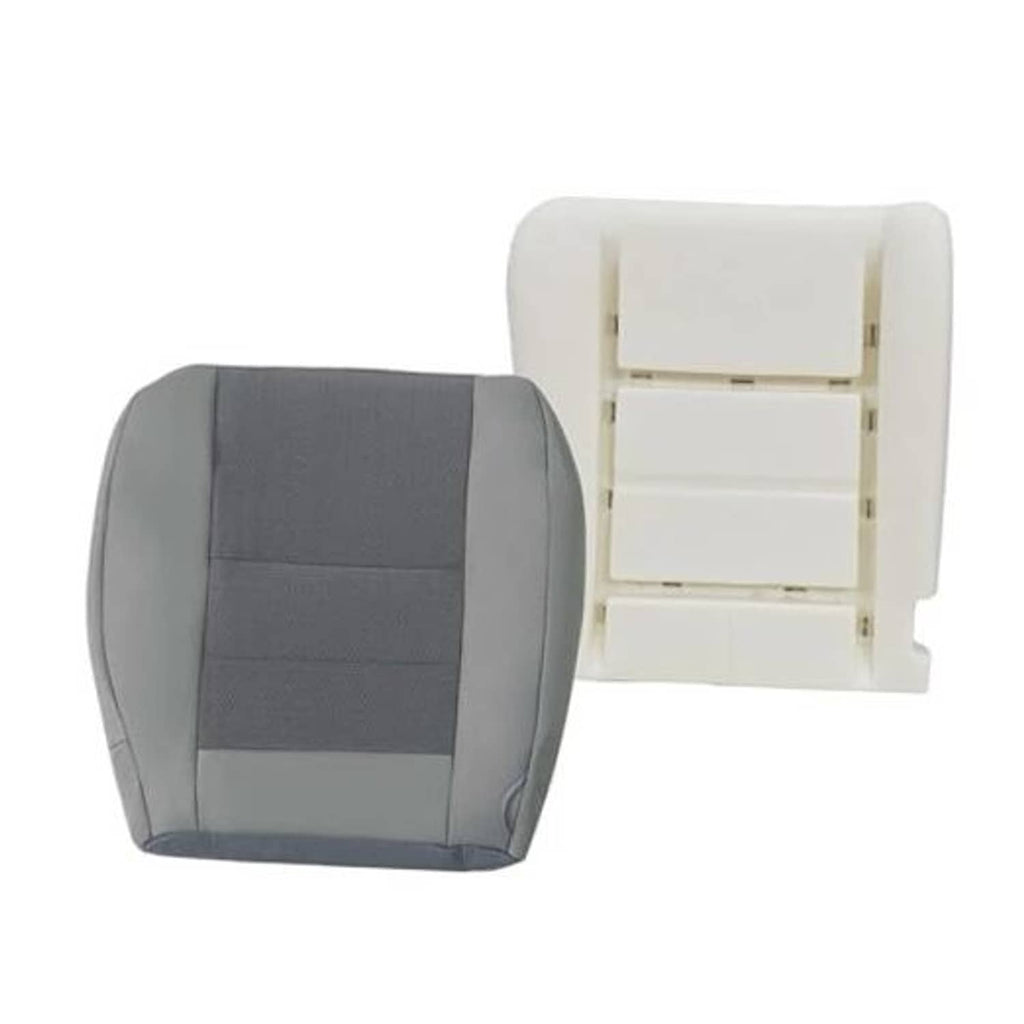 Gray cloth driver seat cover with padded sections and stitched panel design