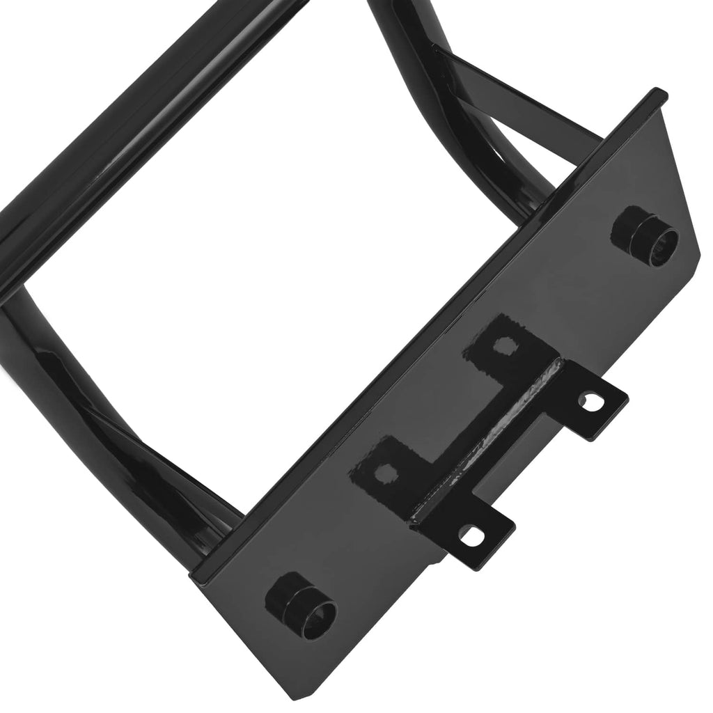 Close-up of black mounting bracket with bolt holes on bumper brush guard