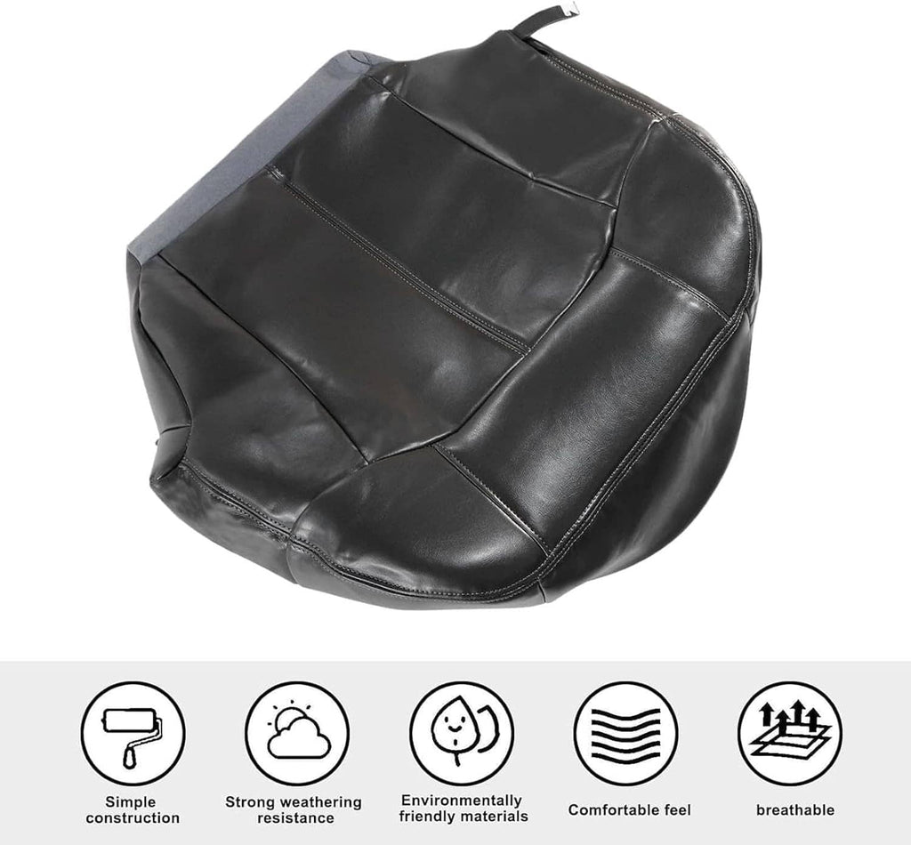 Dark gray leather seat cover with detailed stitching and armrest pad cutouts