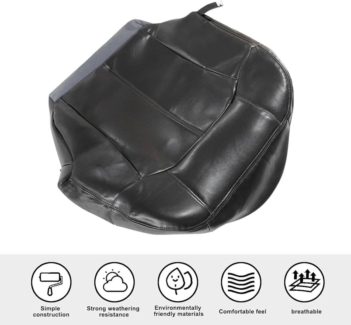 Dark gray leather seat cover with detailed stitching and armrest pad cutouts