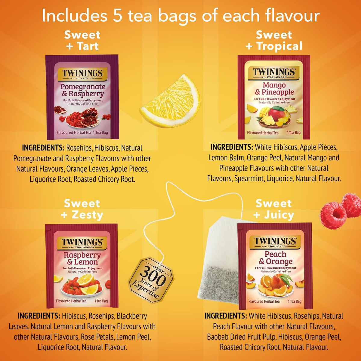 Twinings Sweet Escape Collection flavour and ingredient panel for tea bag varieties