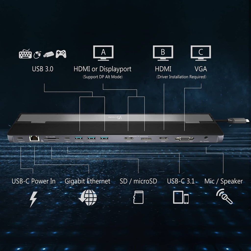Black USB-C docking station front edge with HDMI, VGA, Ethernet, USB, and audio ports