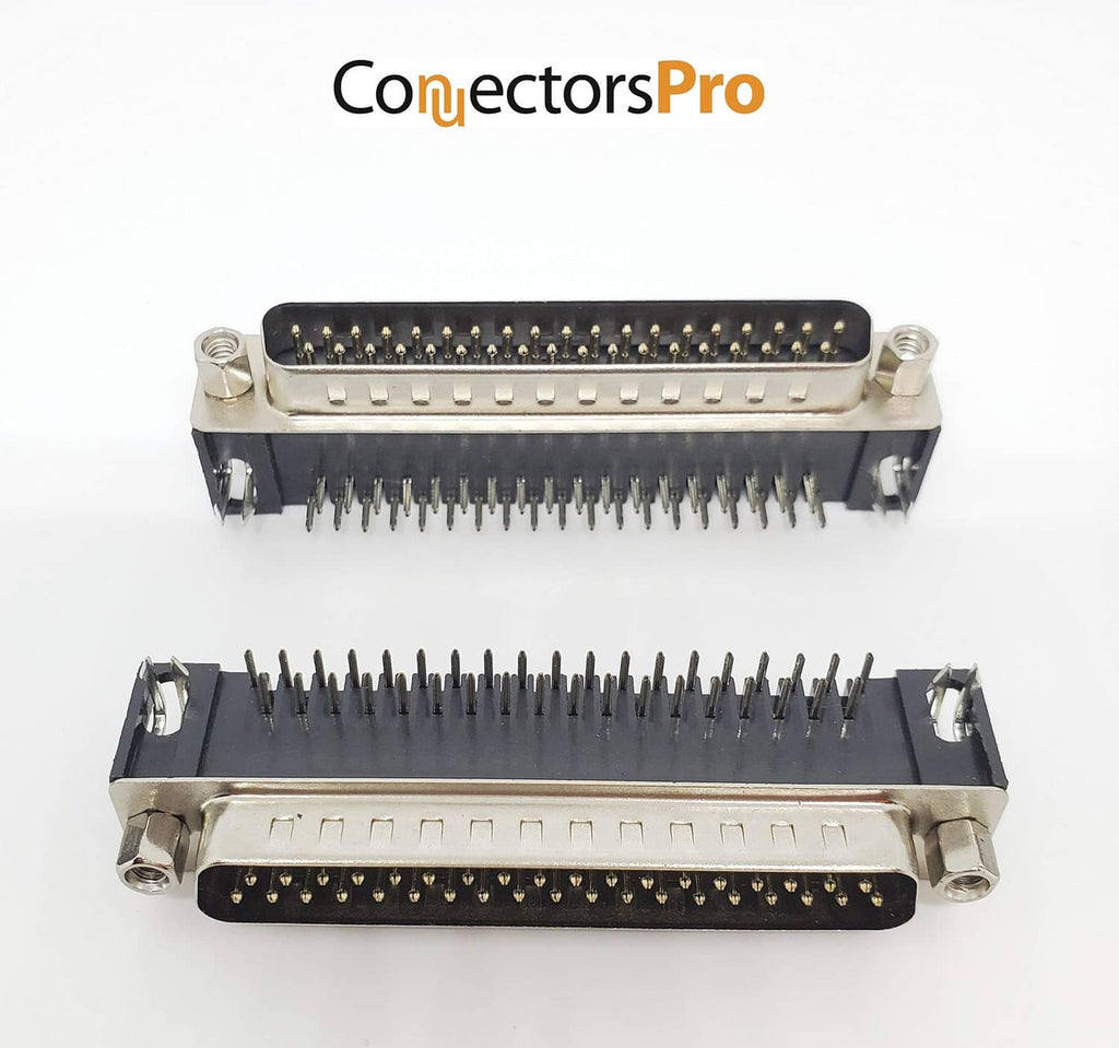 DB37 male right-angle PCB mount connector with gold pins and D-sub metal shell.