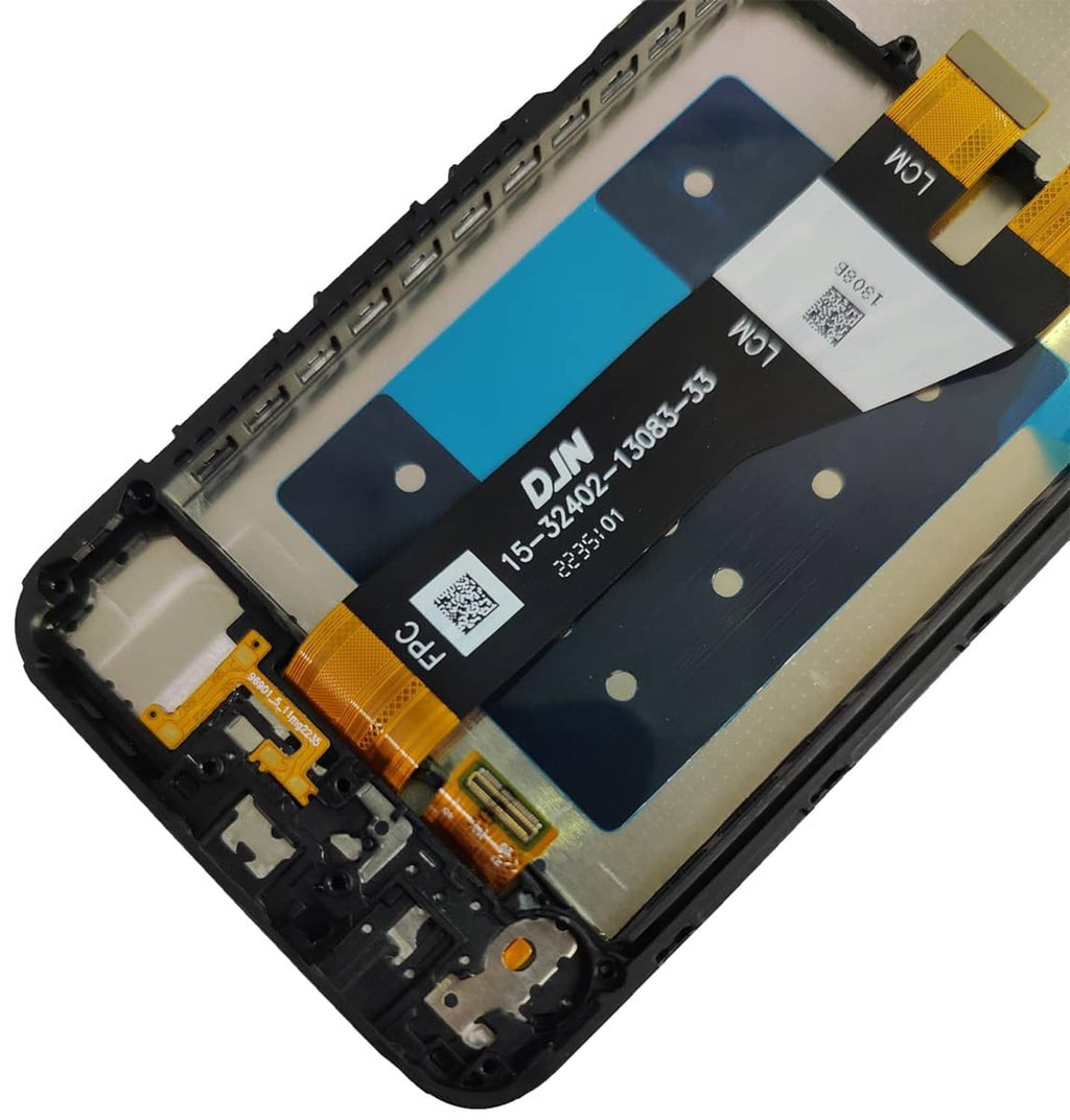 Replacement screen assembly with blue display panel, yellow flex cables, black housing